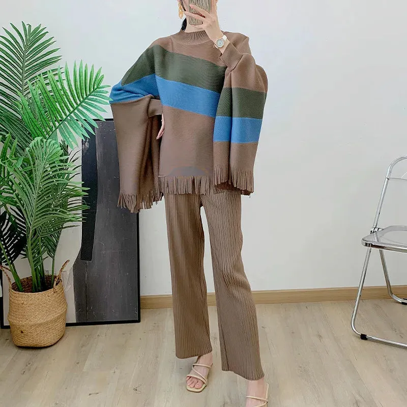 Women's 2 Piece Pleated Cape Sweater and Pants Set