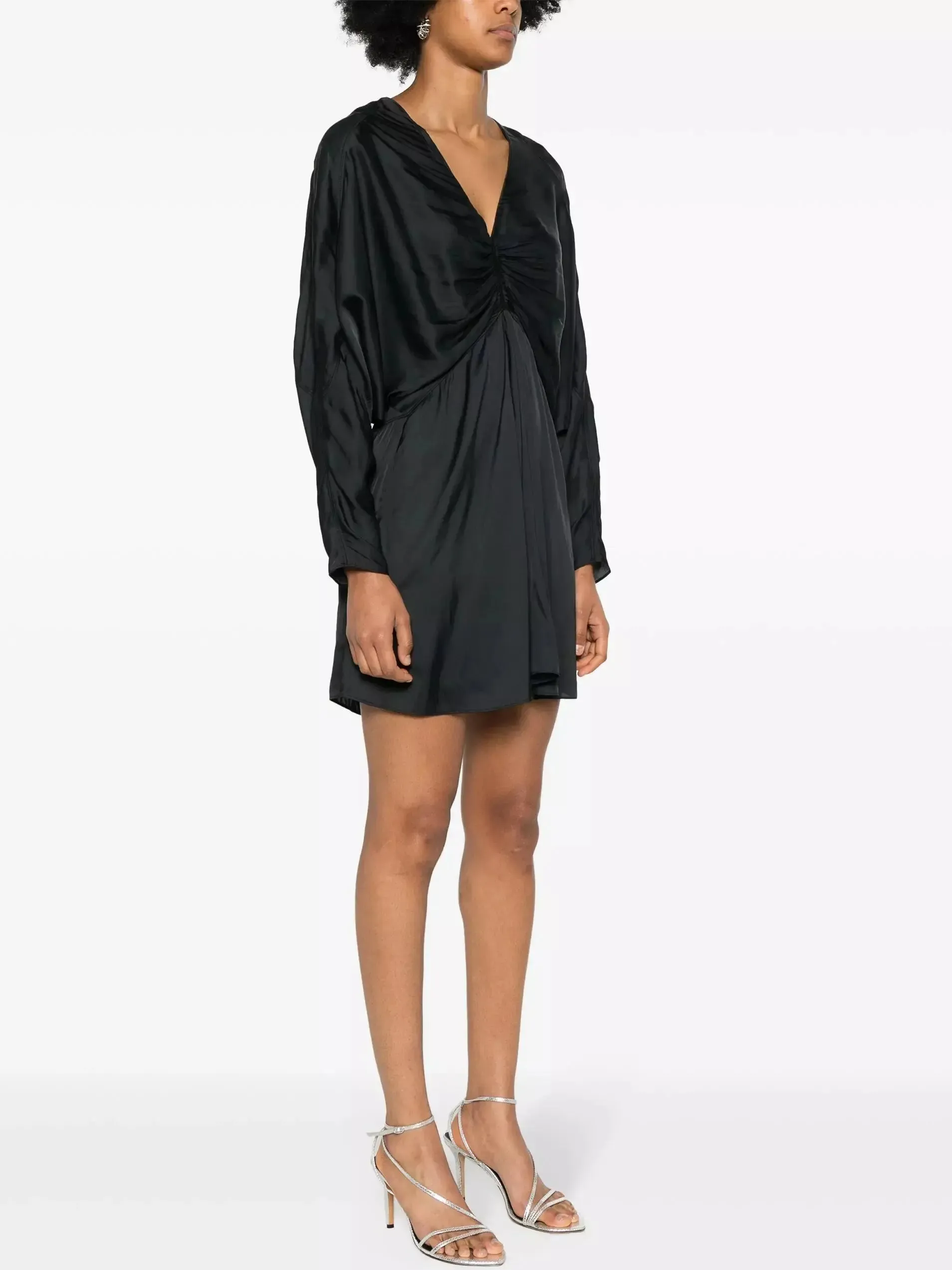 Women’s Batwing Black Satin Draped Mini Dress