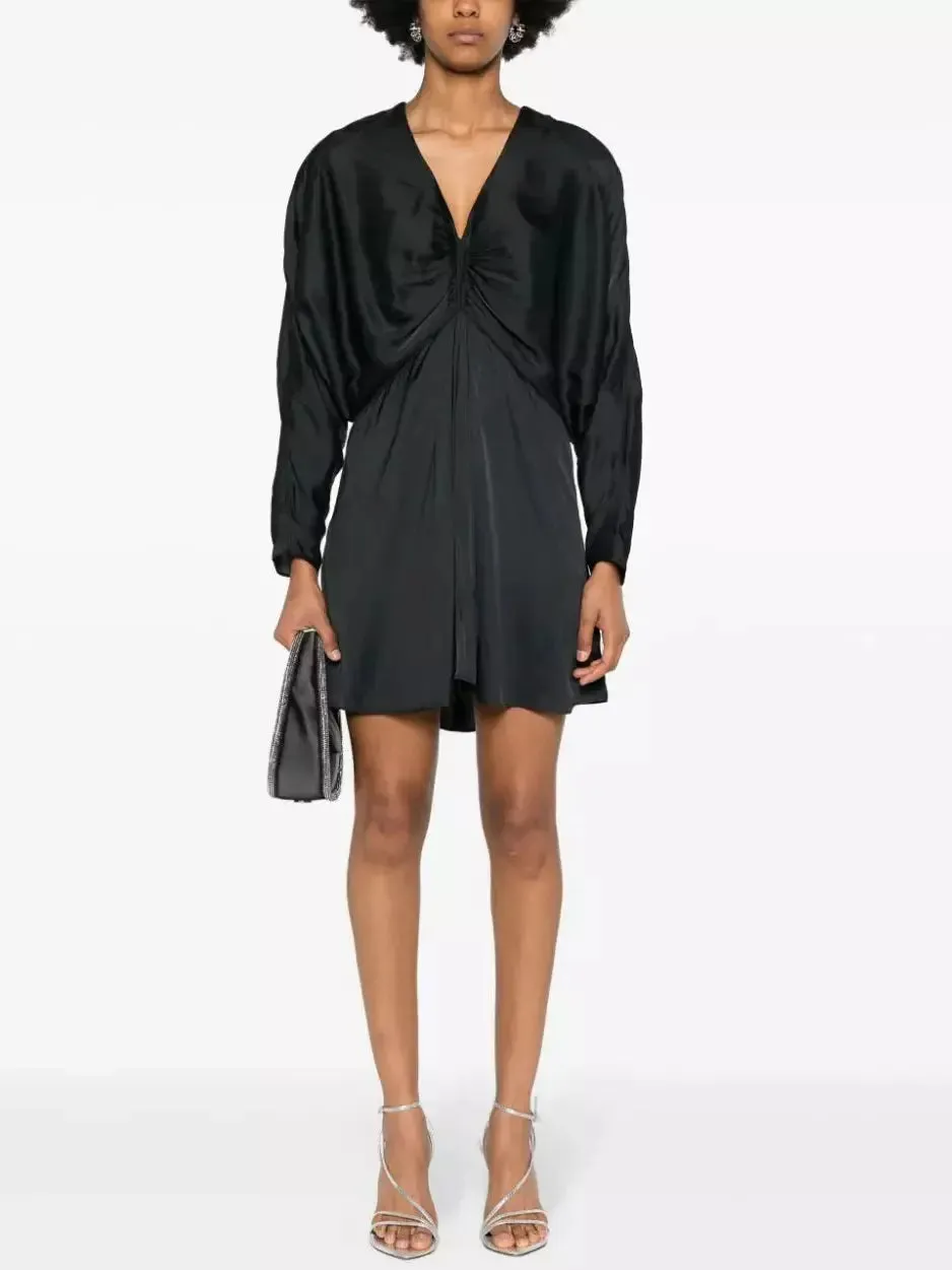 Women’s Batwing Black Satin Draped Mini Dress