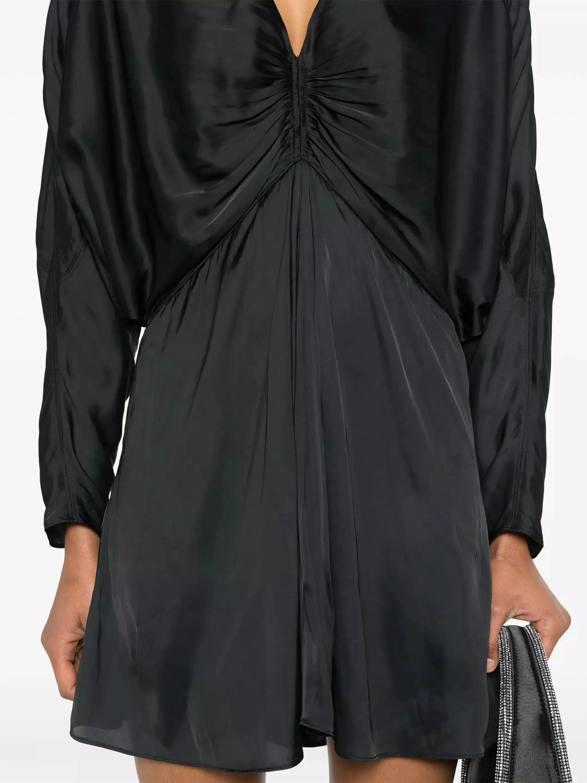 Women’s Batwing Black Satin Draped Mini Dress