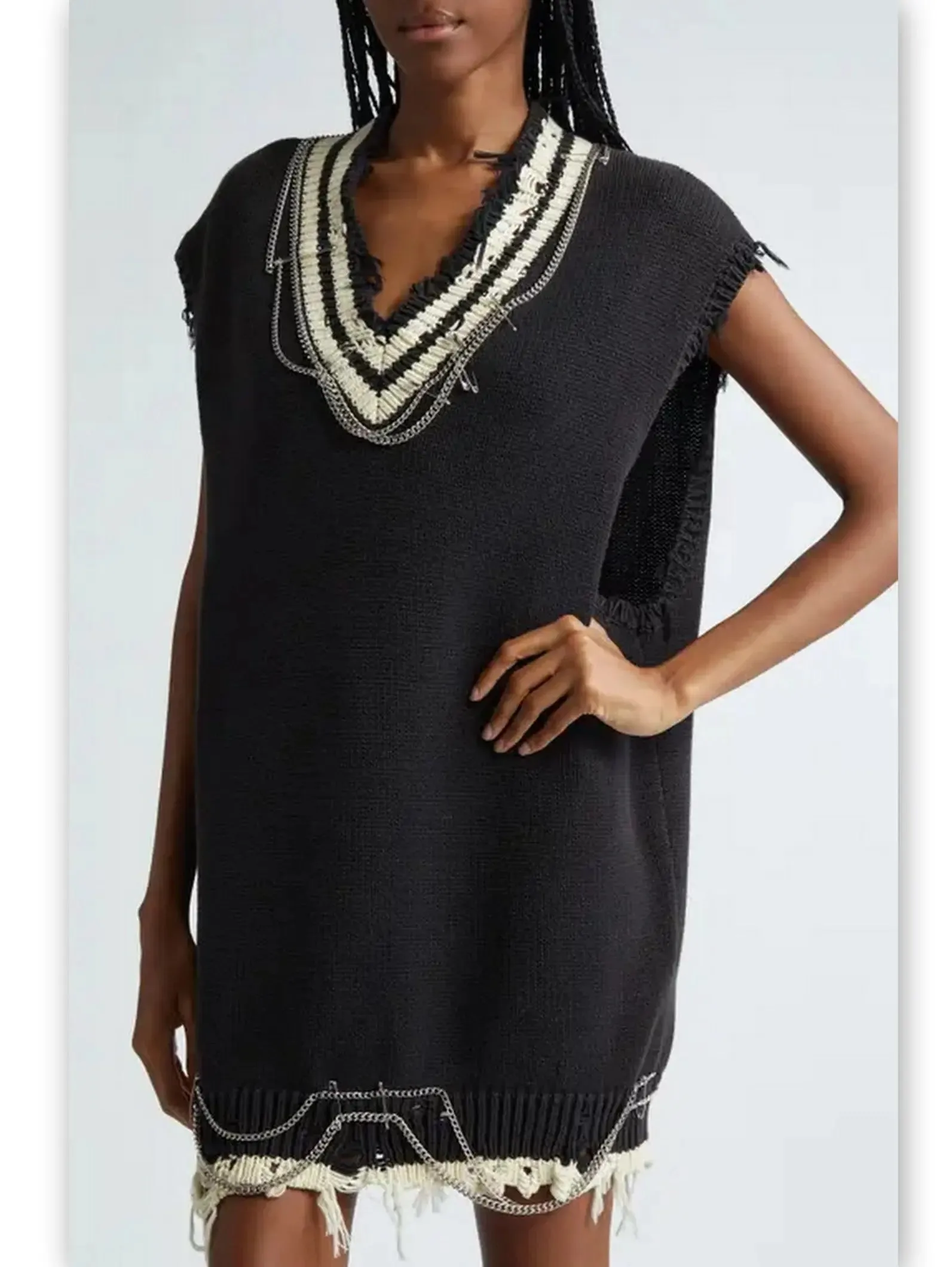 Women’s Chain Embellished Distressed Knit Vest Dress