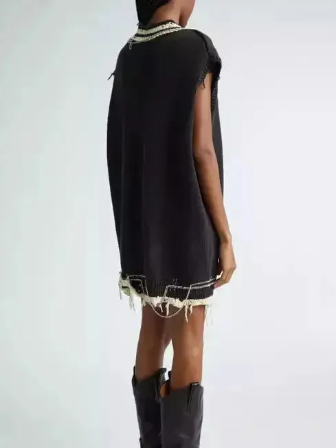 Women’s Chain Embellished Distressed Knit Vest Dress