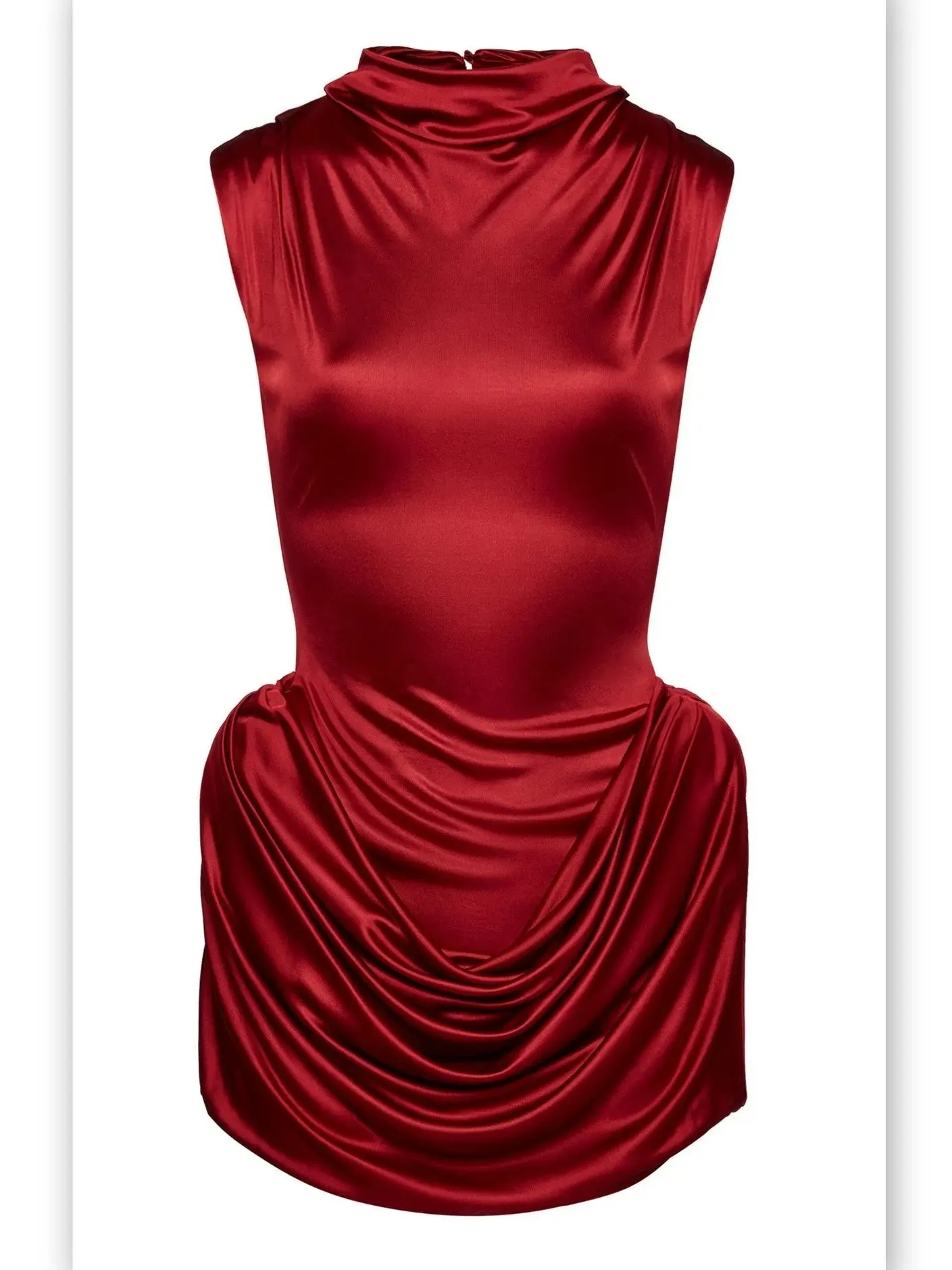 Women’s Draped Red Sleeveless Mock-Neck Mini Dress