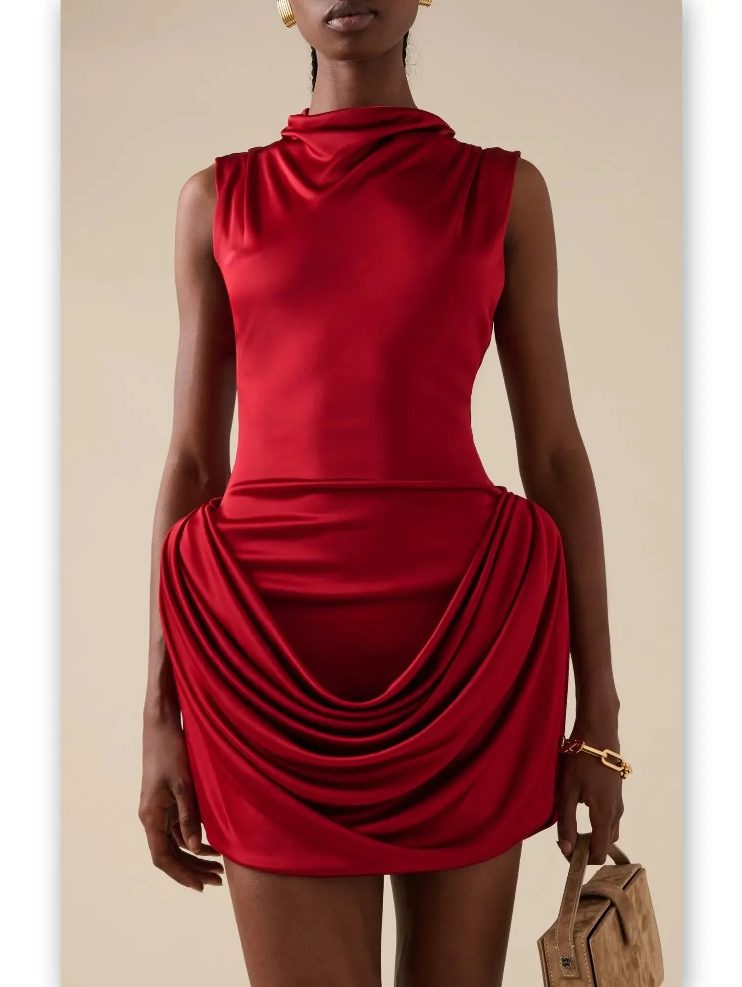 Women’s Draped Red Sleeveless Mock-Neck Mini Dress