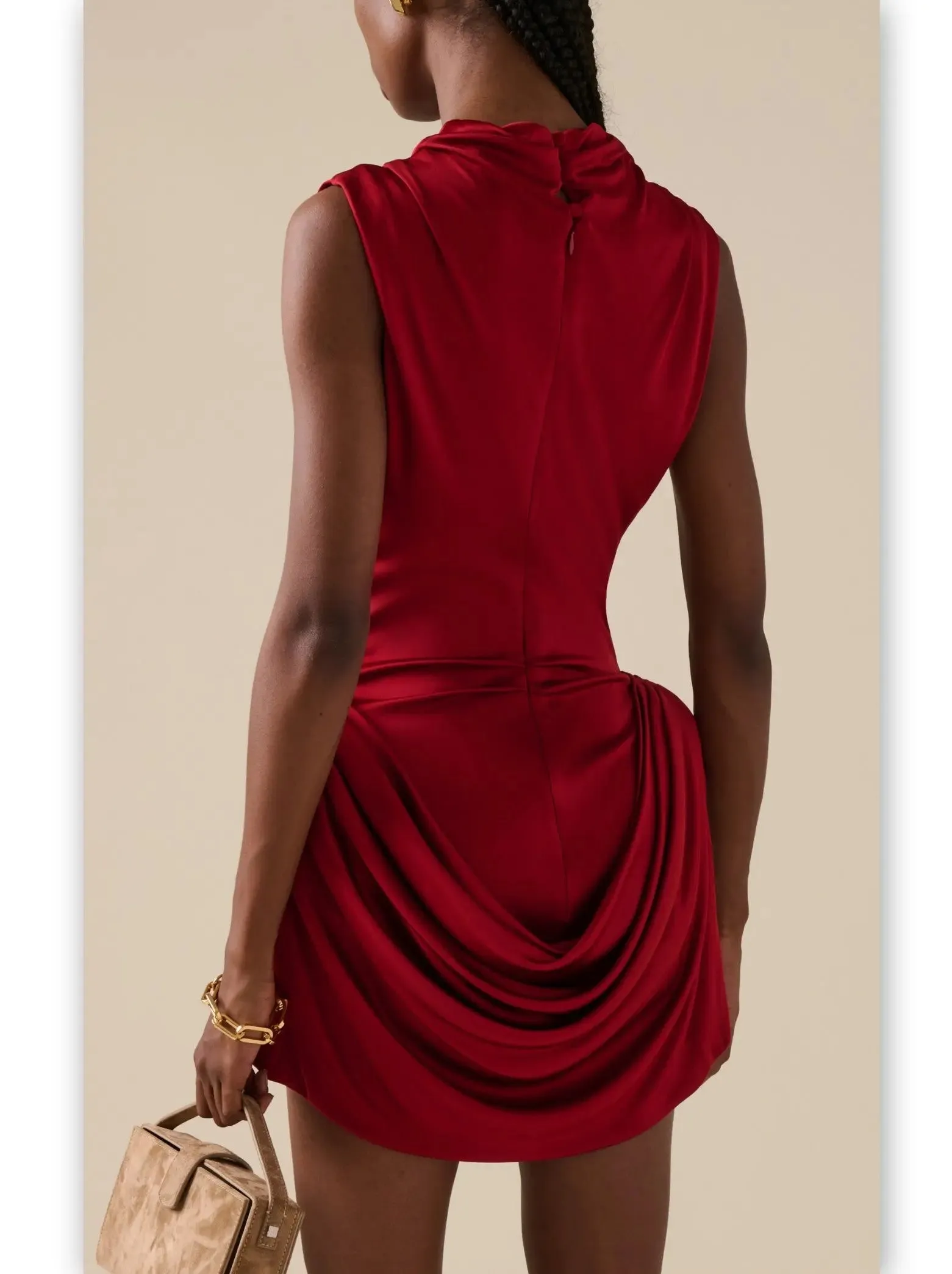 Women’s Draped Red Sleeveless Mock-Neck Mini Dress