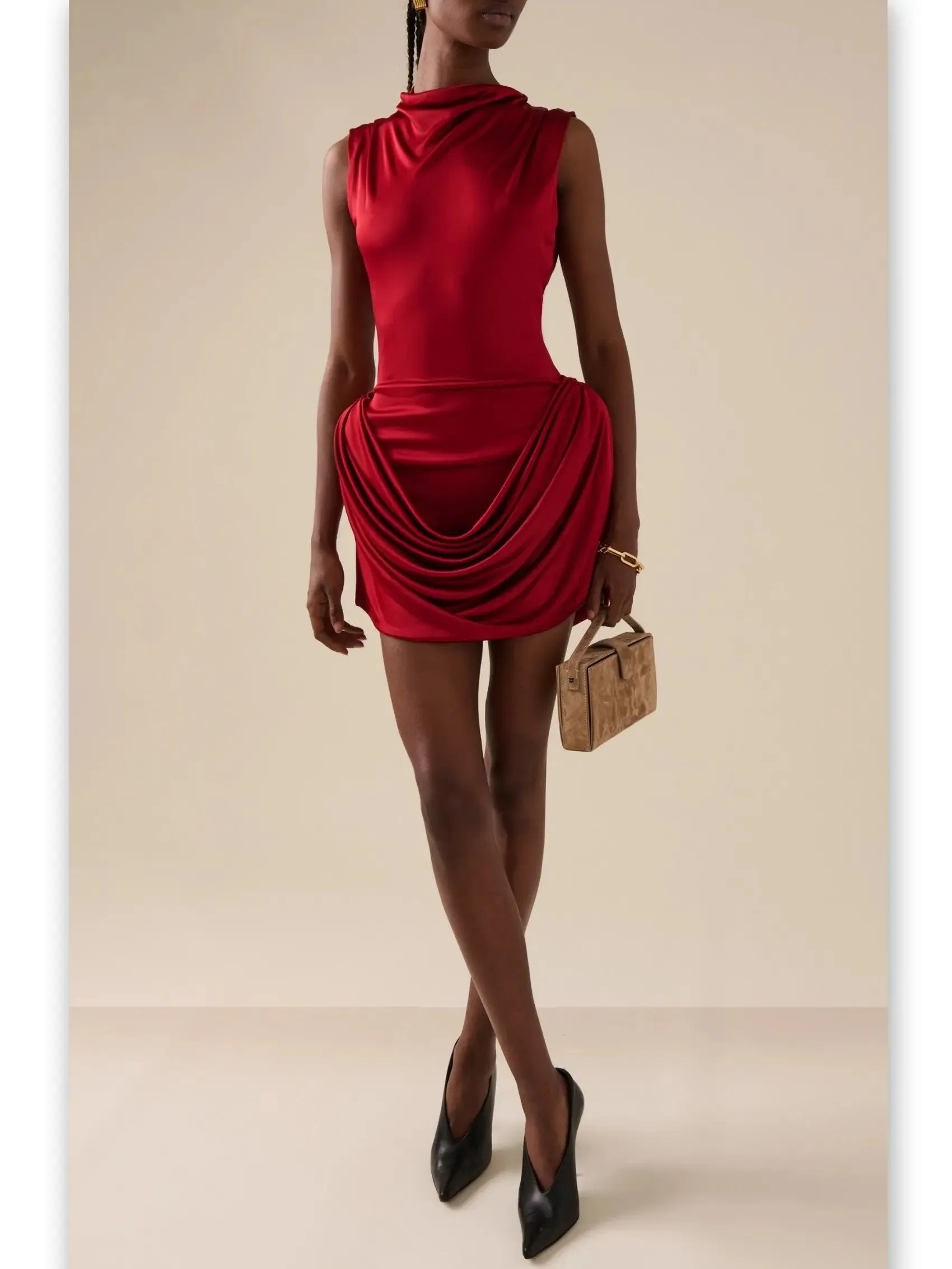 Women’s Draped Red Sleeveless Mock-Neck Mini Dress