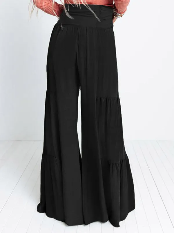 Women's Wide Flare Leg Elasticated Waist Trousers With Pleated Detailing